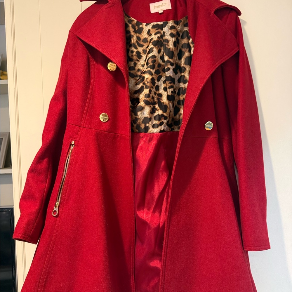 Laundry By Shelli Segal Red Trench Coat with Leopard Lining L